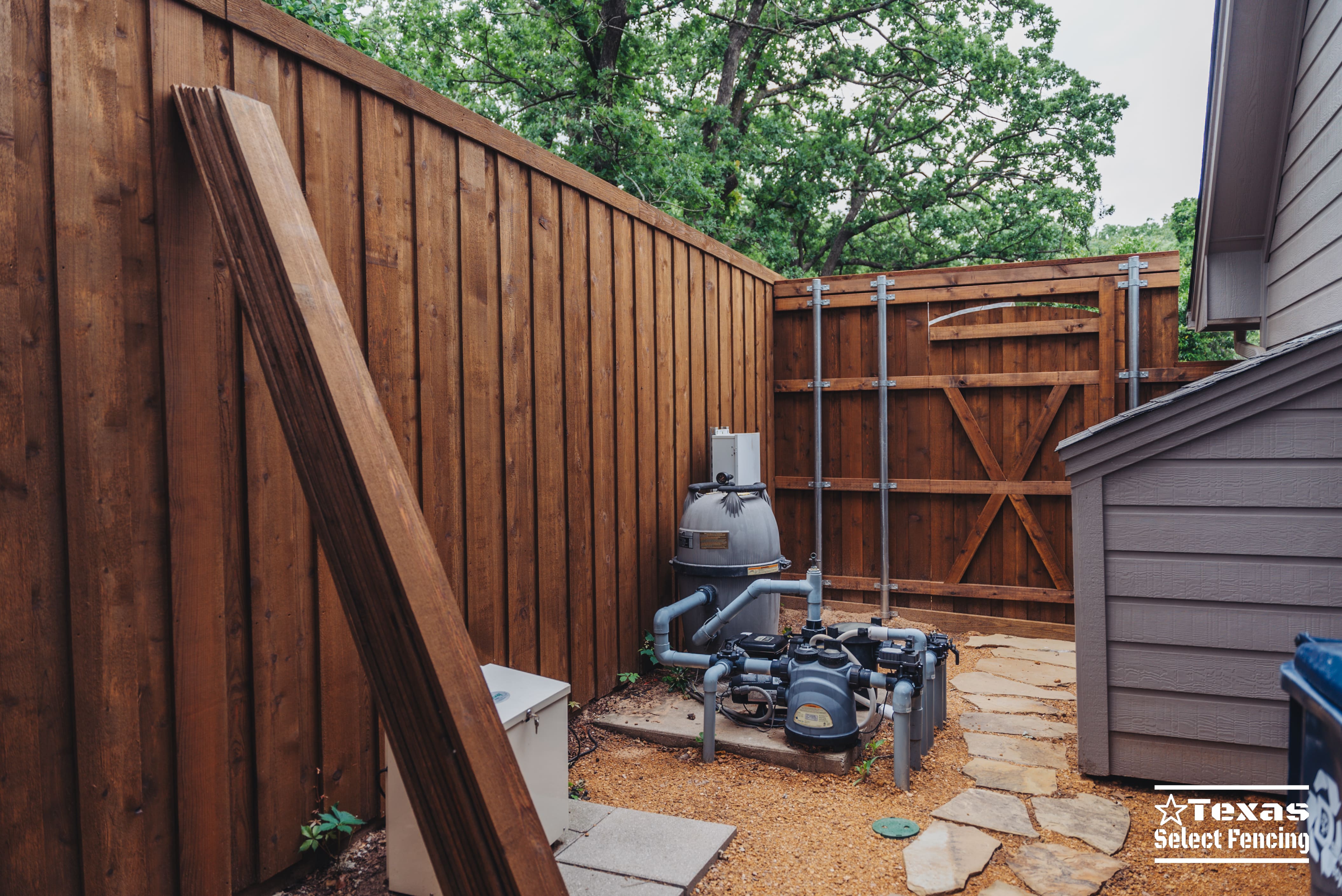 Pool Equipment Cedar Fence and Decorative Gate Installation in Denton