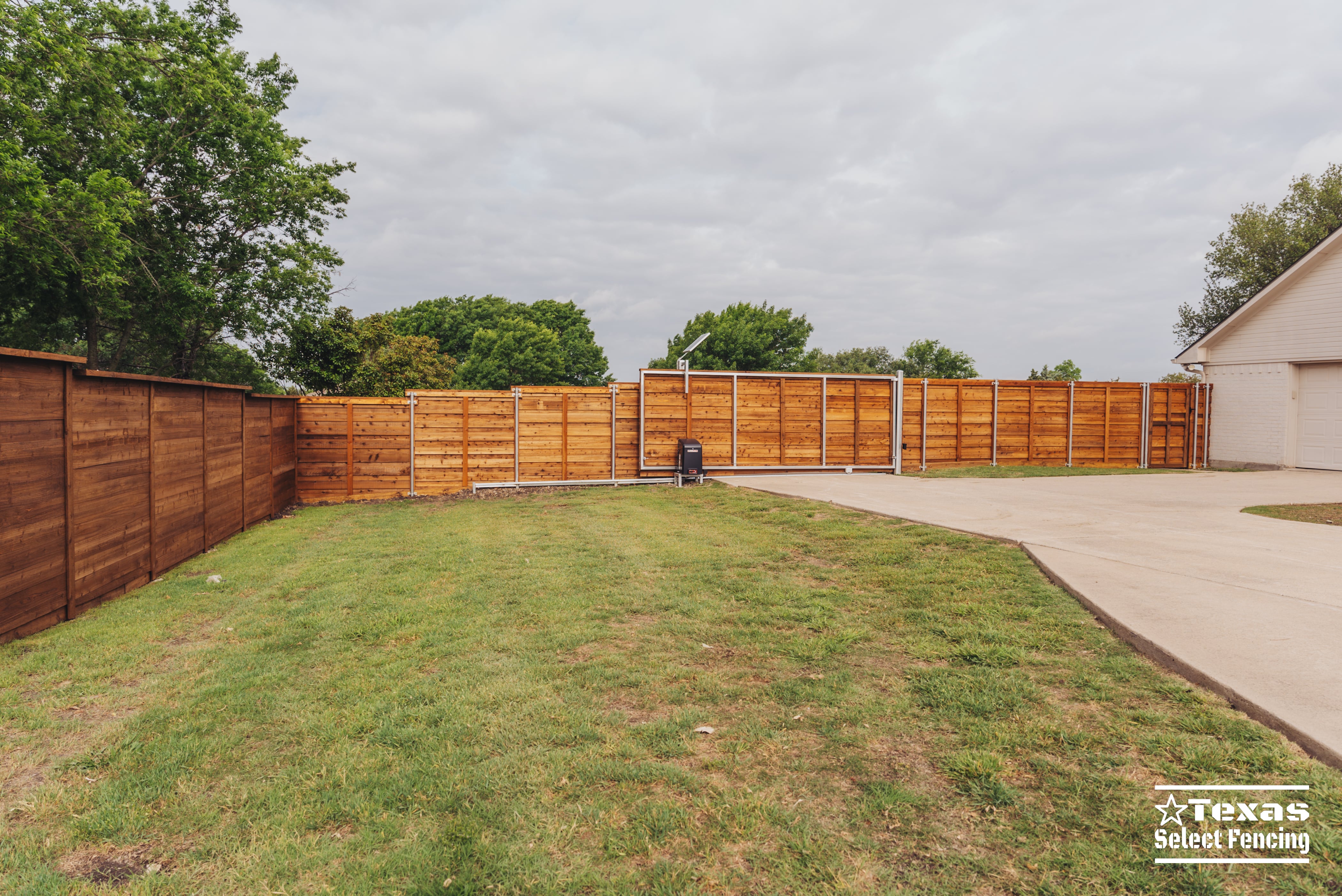 Horizontal Cedar Fence with Sliding Gate Installation in Prosper