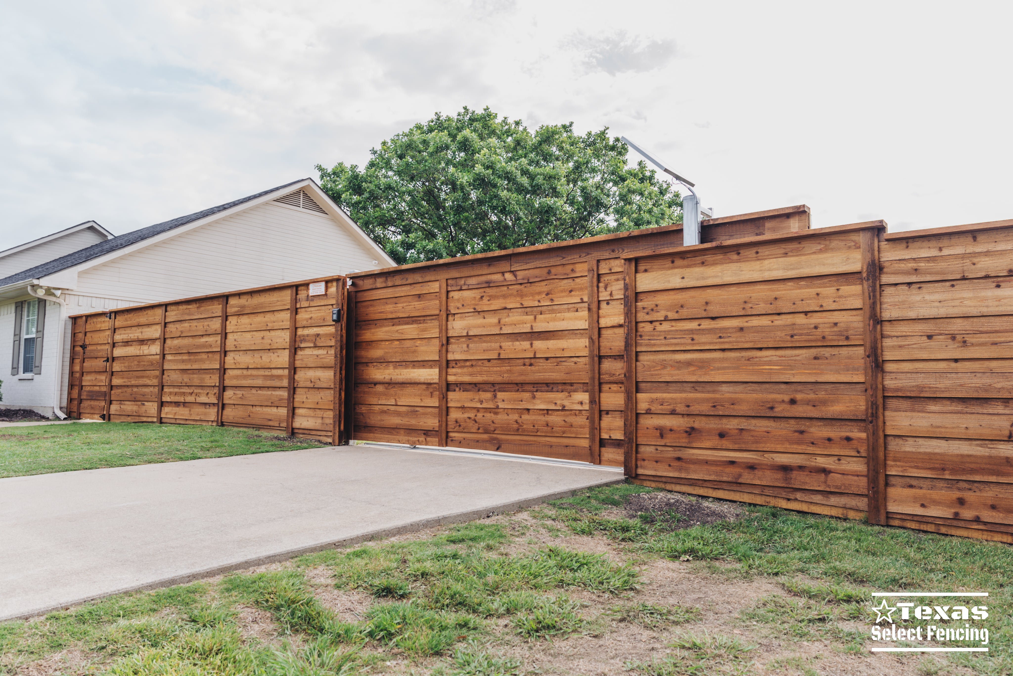 Horizontal Cedar Fence with Sliding Gate Installation in Prosper