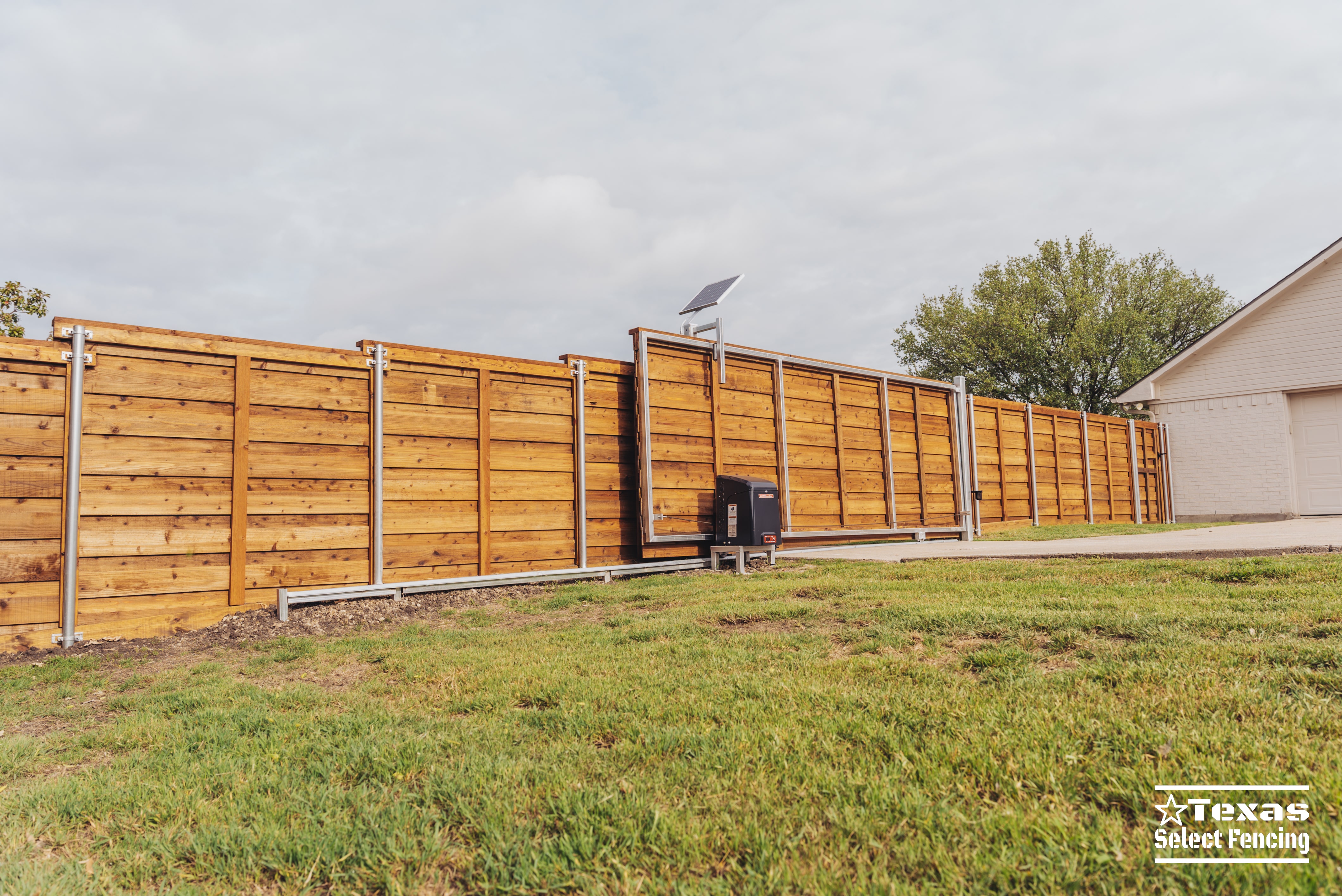 Horizontal Cedar Fence with Sliding Gate Installation in Prosper