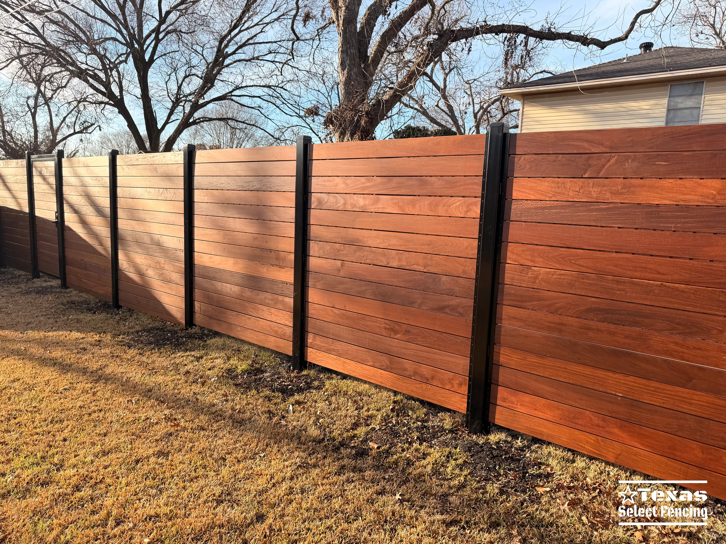 6' Modern Horizontal Brazilian Ipe Fence with Black Metal Posts