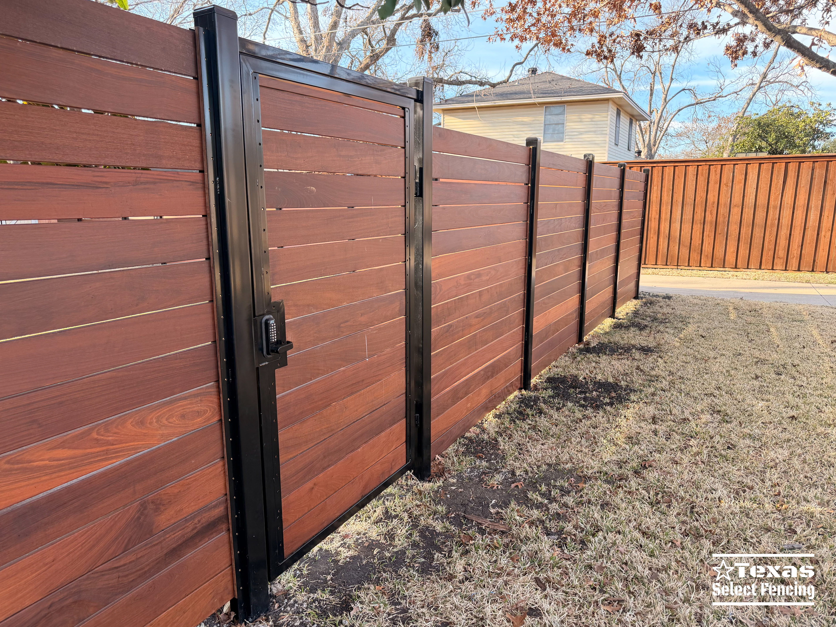 6' Modern Horizontal Brazilian Ipe Fence with Black Metal Posts