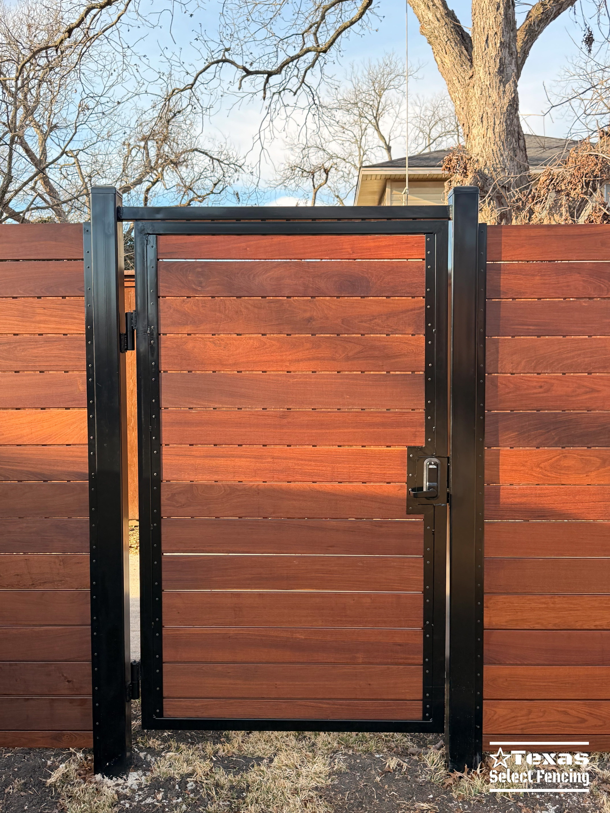 6' Modern Horizontal Brazilian Ipe Fence with Black Metal Posts