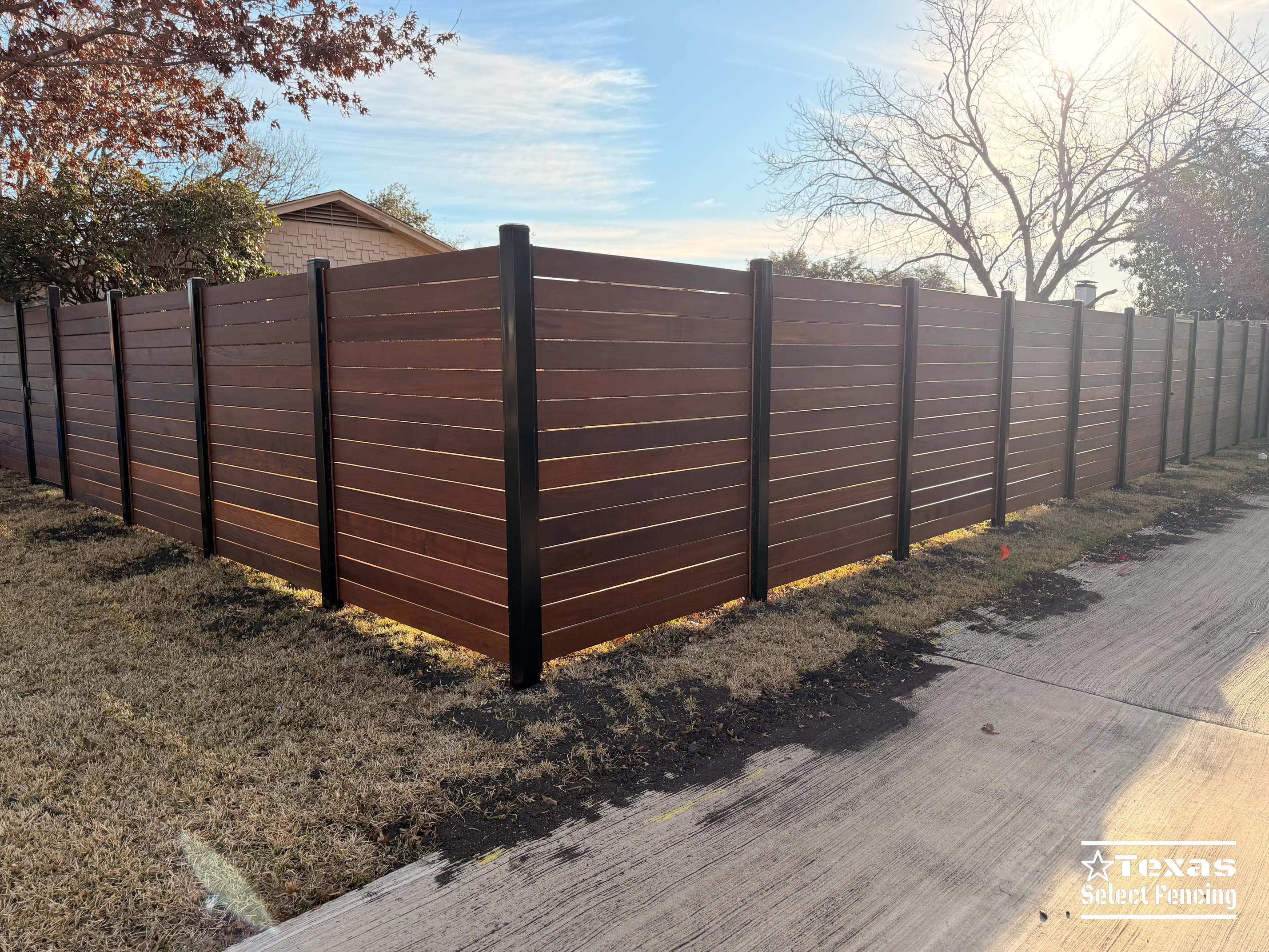 6' Modern Horizontal Brazilian Ipe Fence with Black Metal Posts