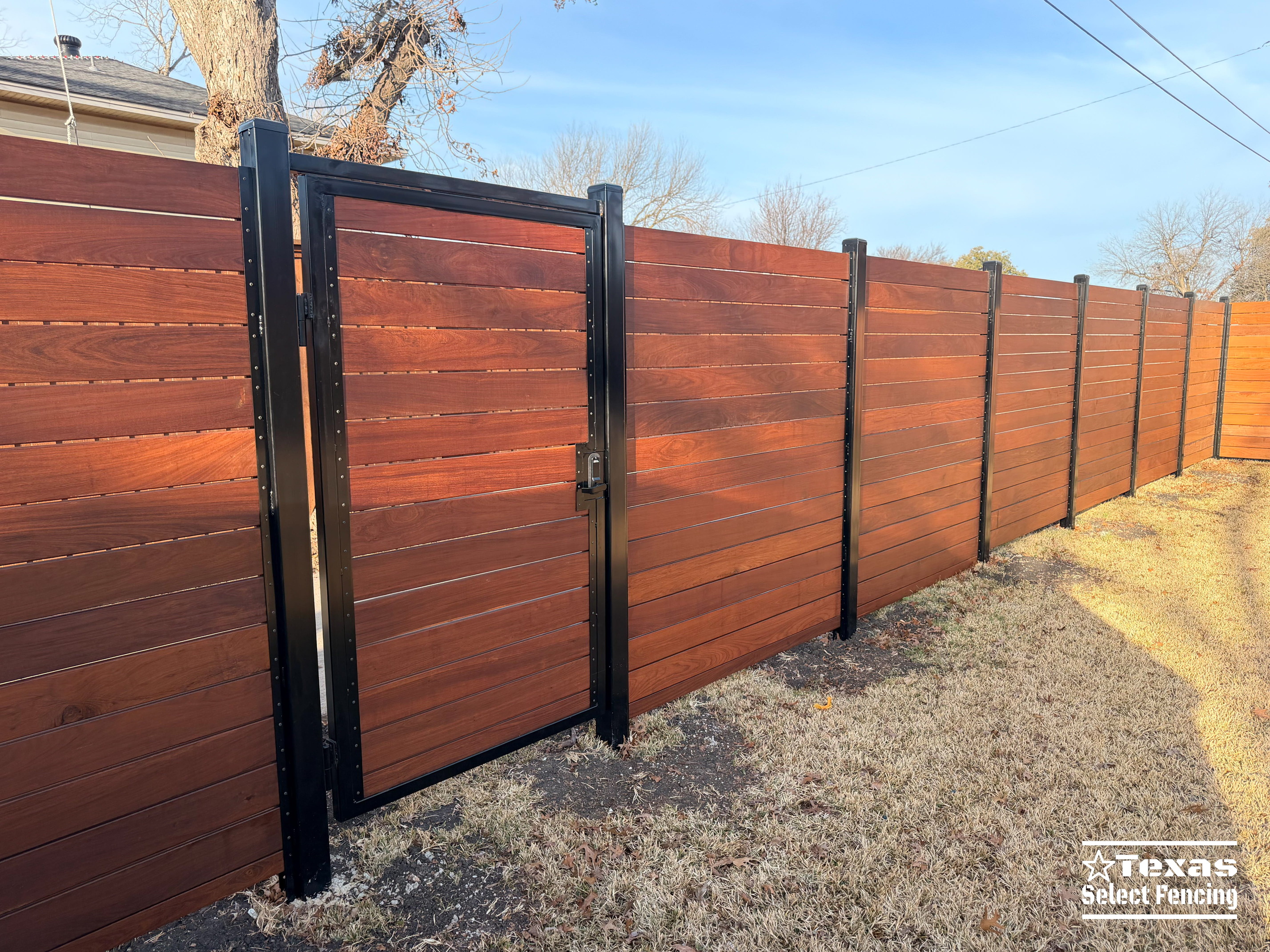 6' Modern Horizontal Brazilian Ipe Fence with Black Metal Posts
