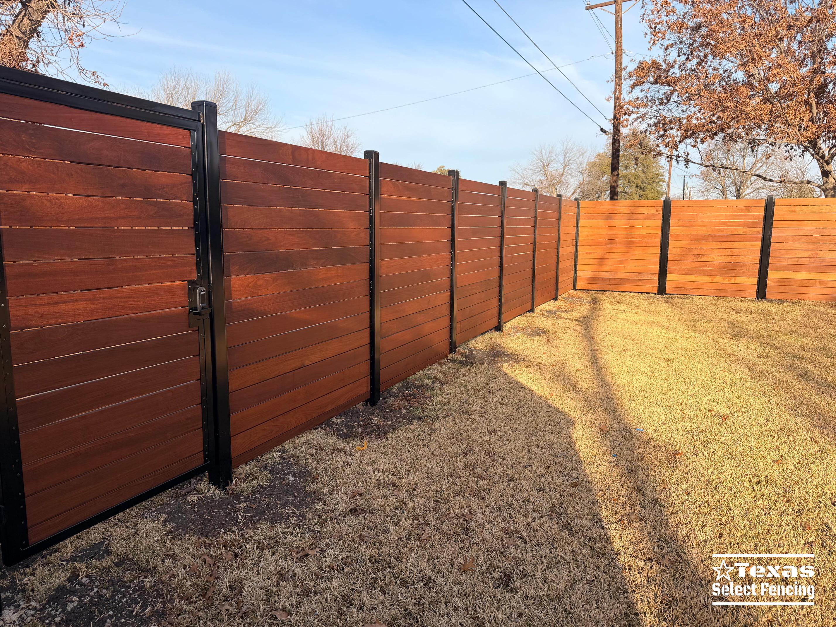 6' Modern Horizontal Brazilian Ipe Fence with Black Metal Posts