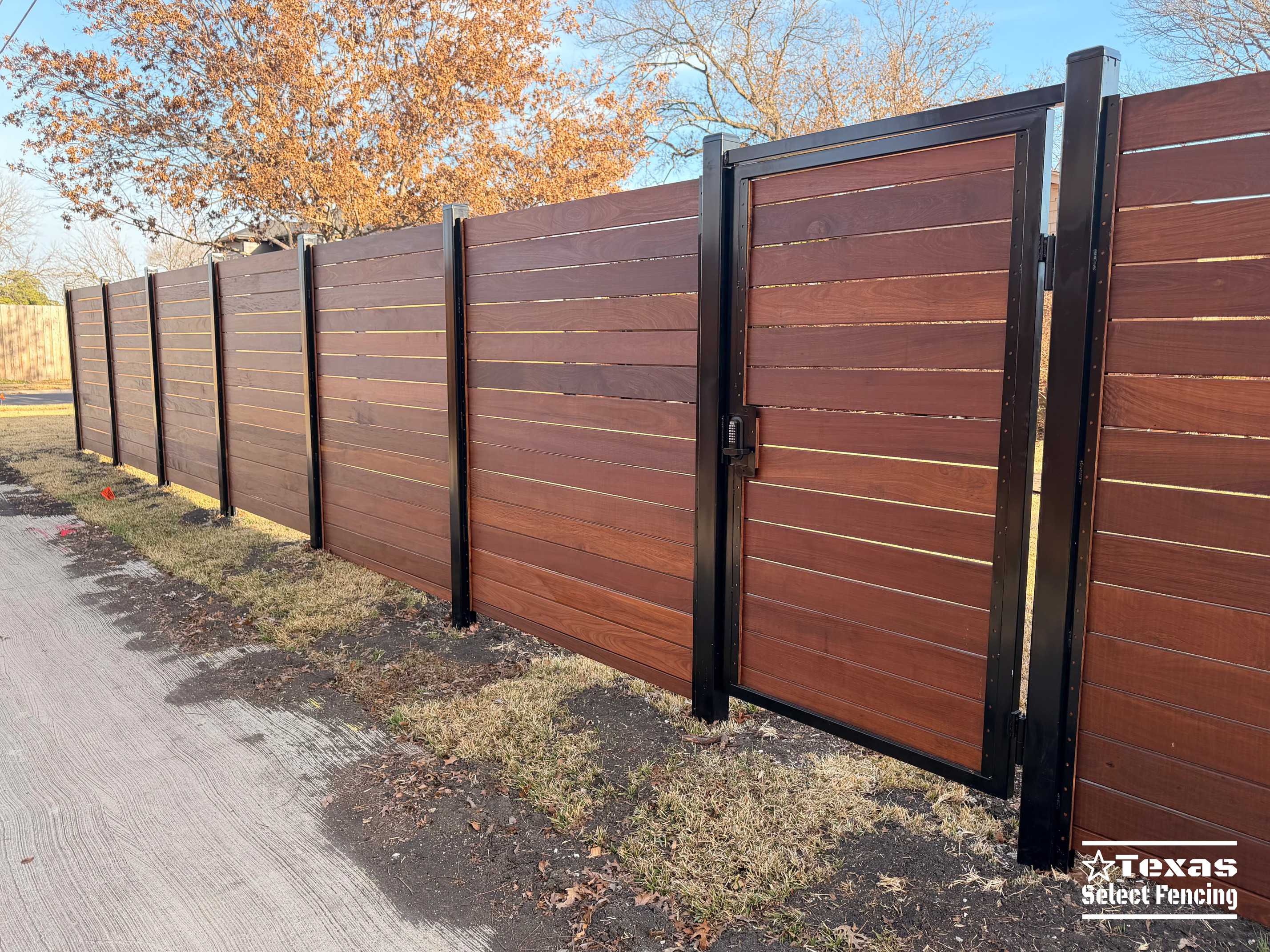 6' Modern Horizontal Brazilian Ipe Fence with Black Metal Posts