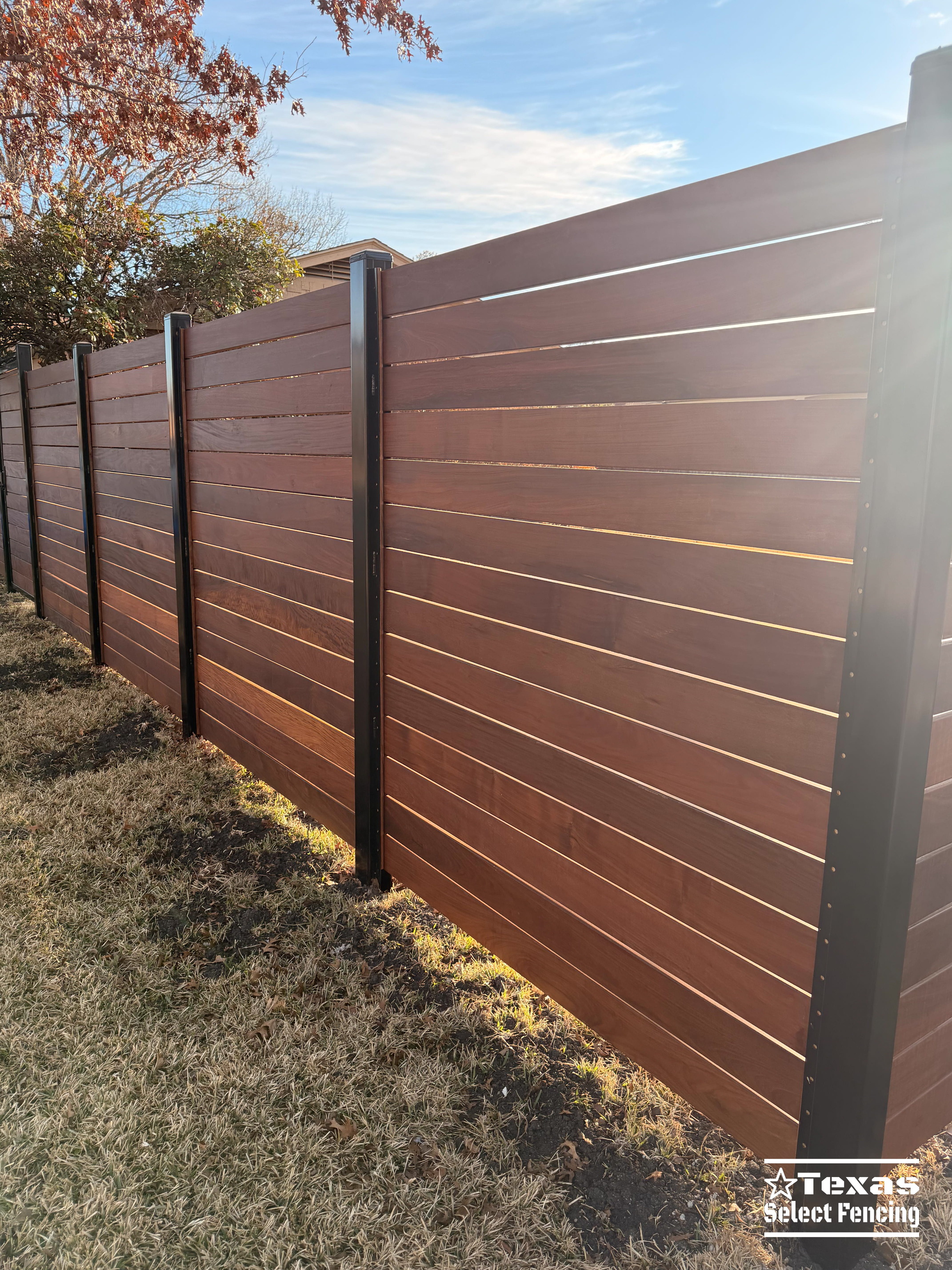 6' Modern Horizontal Brazilian Ipe Fence with Black Metal Posts